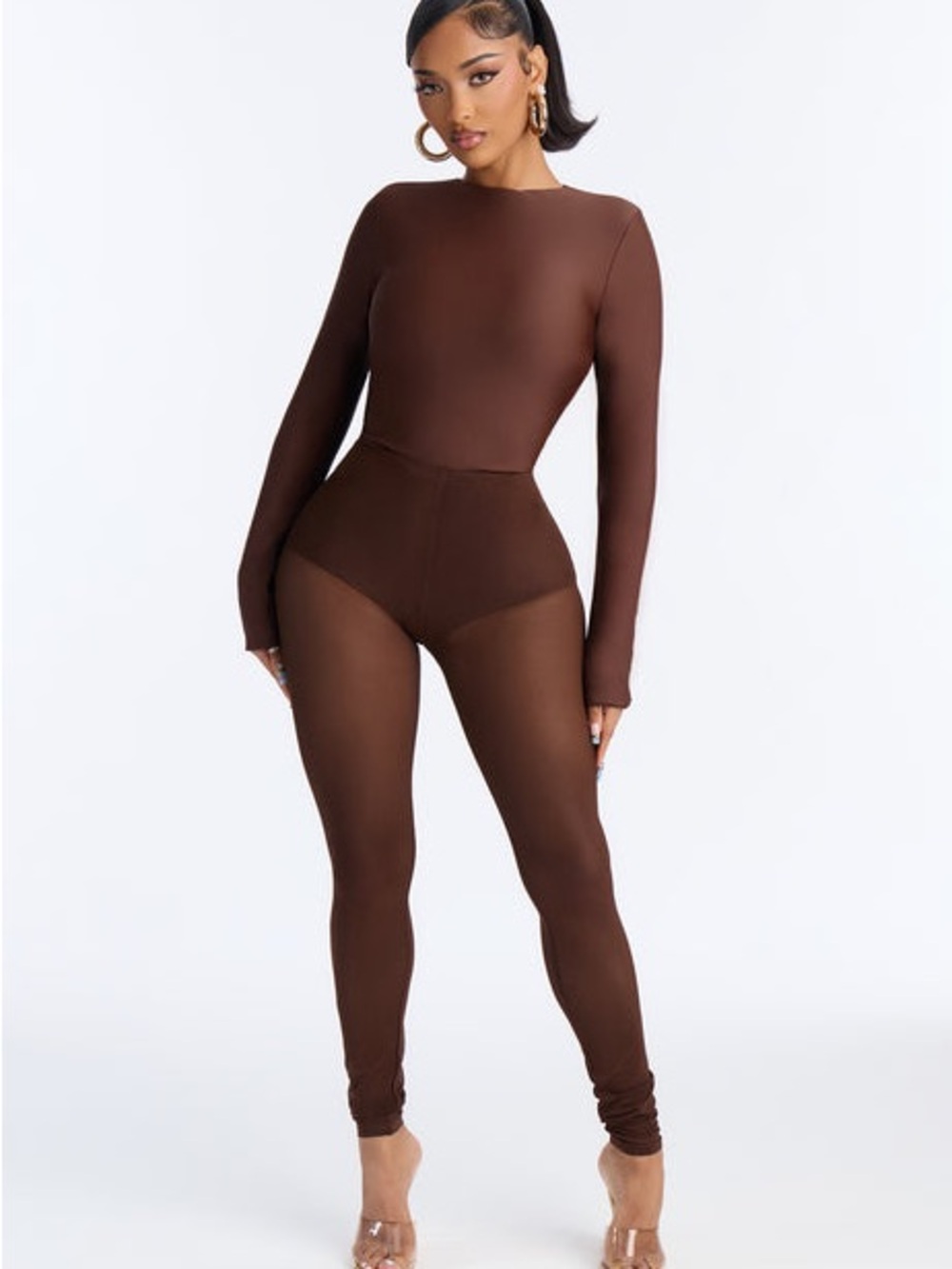 Fashion Nova Brown Long-Sleeve Fitted Bodysuit Jumpsuit